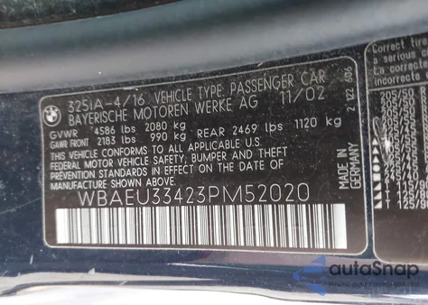 2003 BMW 325Xi from USA, damaged, VIN WBAEU33423PM52020